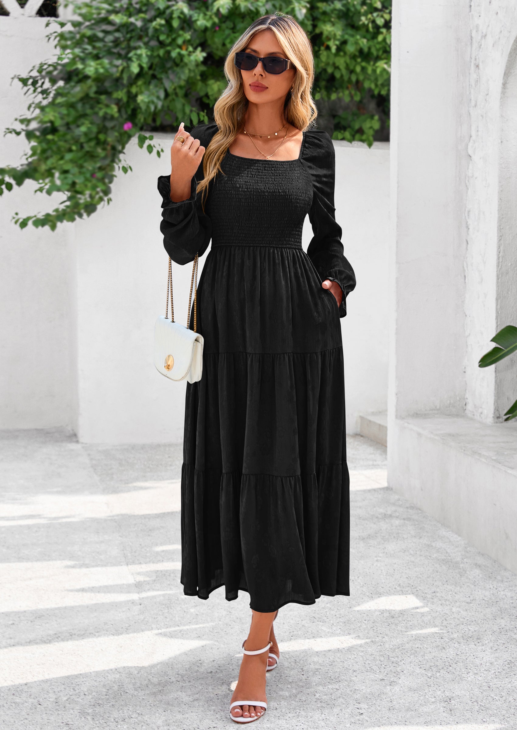 PRETTYGARDEN Fall Wedding Guest Dresses for Women Floral Long Sleeve Smocked Tiered Elegant Long Flowy Boho Dress