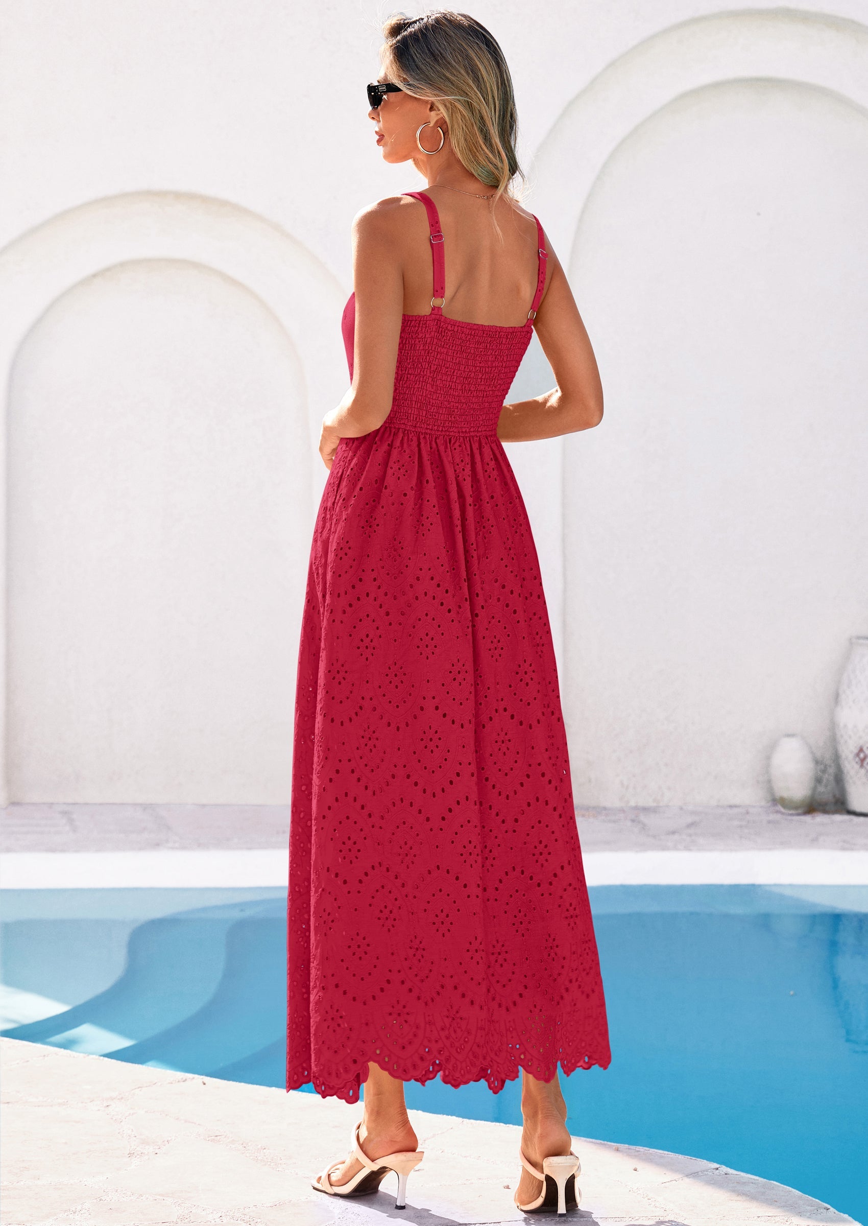 PRETTYGARDEN Womens Sleeveless Maxi Summer Dresses Hollow Out Eyelet Square Neck Ruffle Flowy Beach Vacation Sundress PRETTYGARDEN