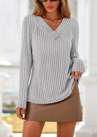 PRETTYGARDEN Women's Long Sleeve Shirts Fall Fashion Clothes Casual Ribbed V Neck Loose Tunic Tops Lightweight Sweaters