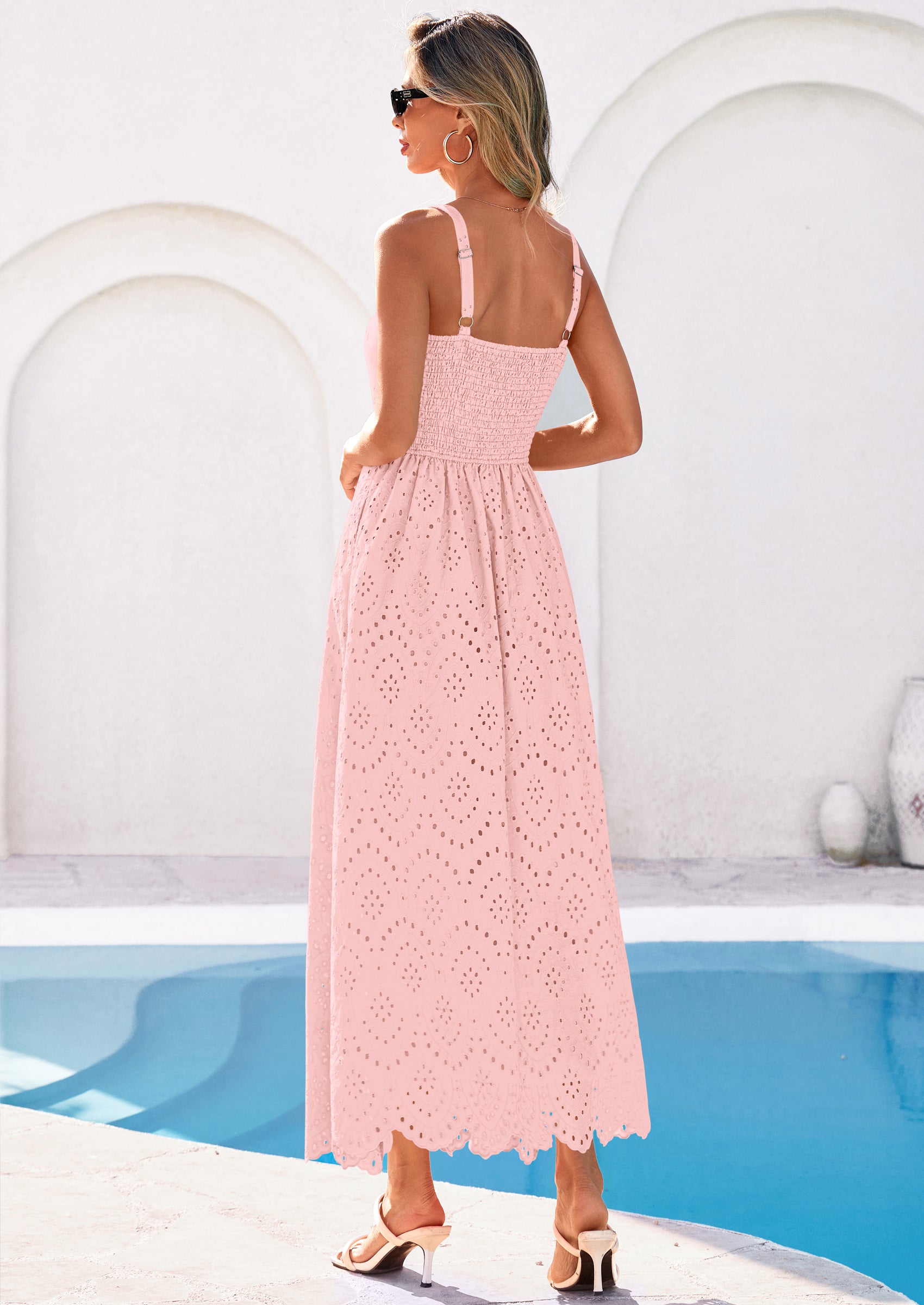 PRETTYGARDEN Womens Sleeveless Maxi Summer Dresses Hollow Out Eyelet Square Neck Ruffle Flowy Beach Vacation Sundress PRETTYGARDEN