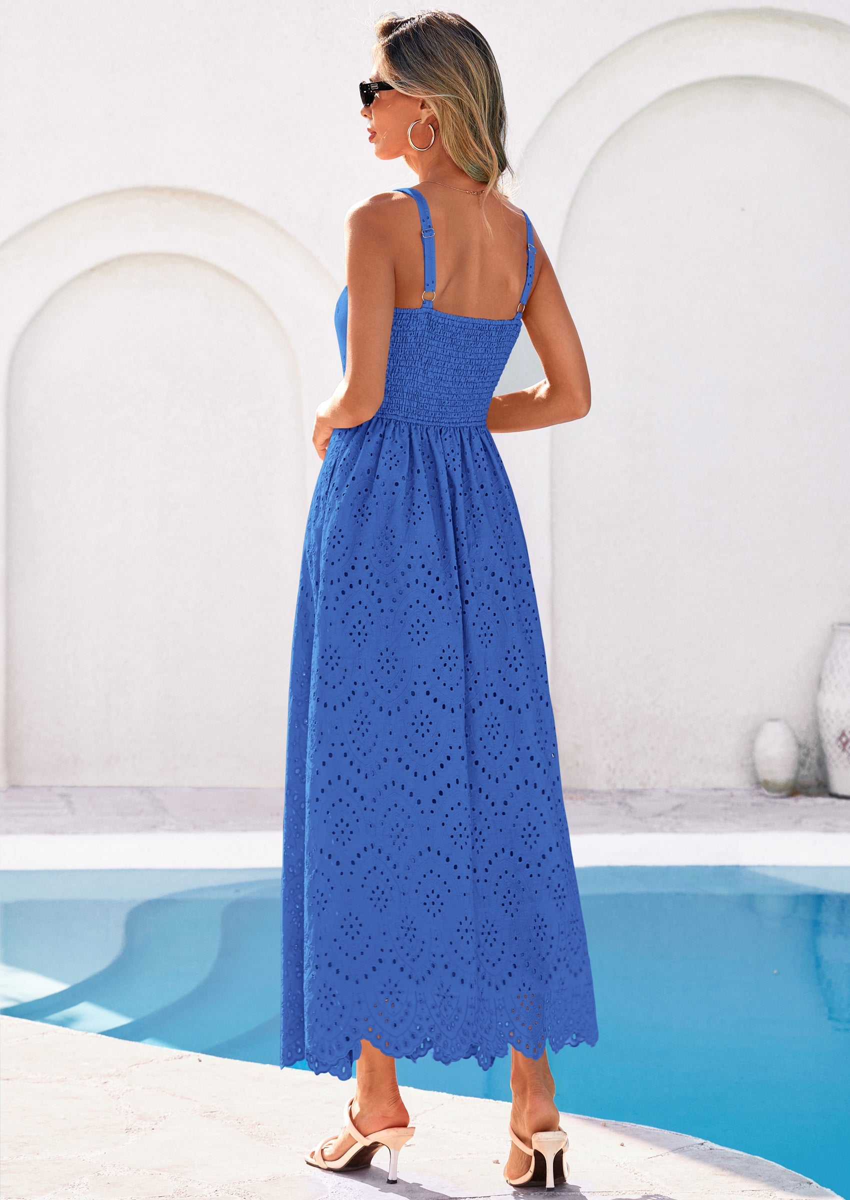 PRETTYGARDEN Womens Sleeveless Maxi Summer Dresses Hollow Out Eyelet Square Neck Ruffle Flowy Beach Vacation Sundress PRETTYGARDEN