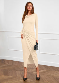 PRETTYGARDEN Women's Fall Wedding Guest Cocktail Midi Dresses Elegant Long Sleeve Bodycon Ruched Dress Fashion Clothing