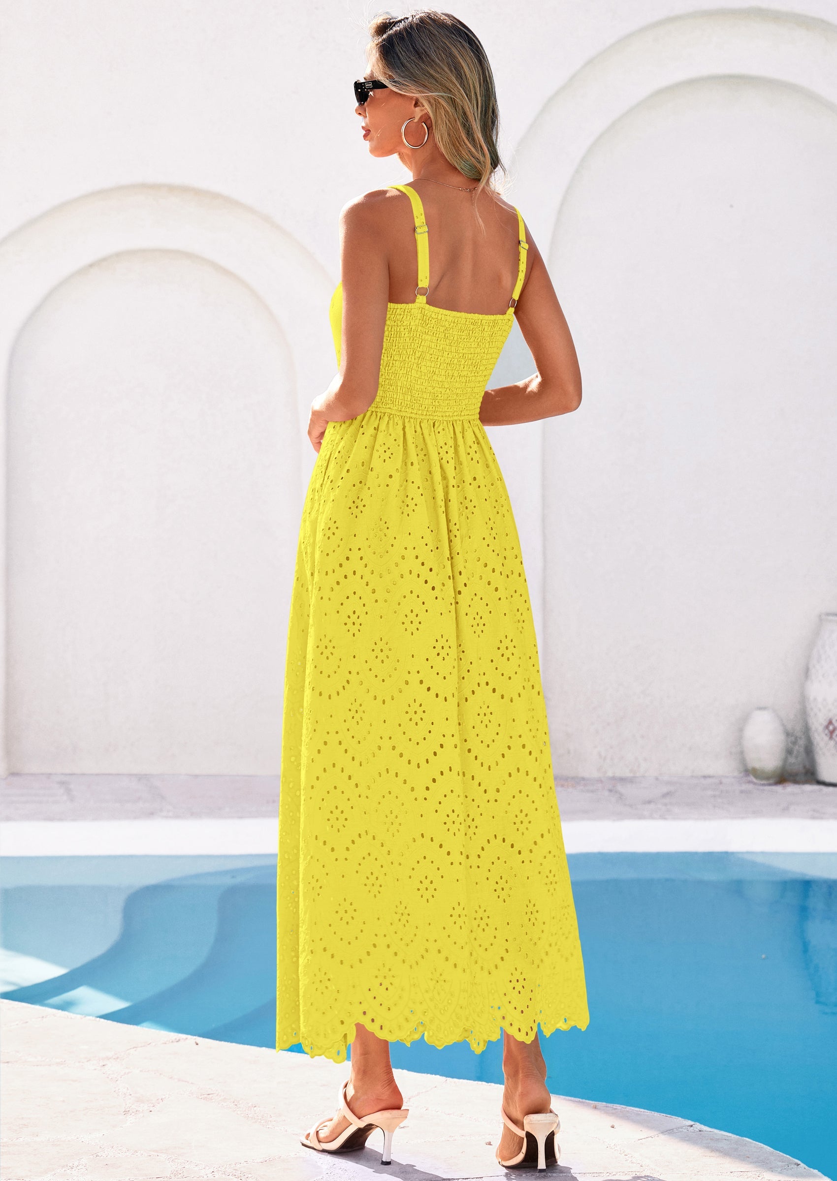 PRETTYGARDEN Womens Sleeveless Maxi Summer Dresses Hollow Out Eyelet Square Neck Ruffle Flowy Beach Vacation Sundress PRETTYGARDEN