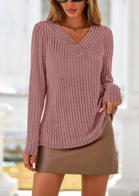 PRETTYGARDEN Women's Long Sleeve Shirts Fall Fashion Clothes Casual Ribbed V Neck Loose Tunic Tops Lightweight Sweaters