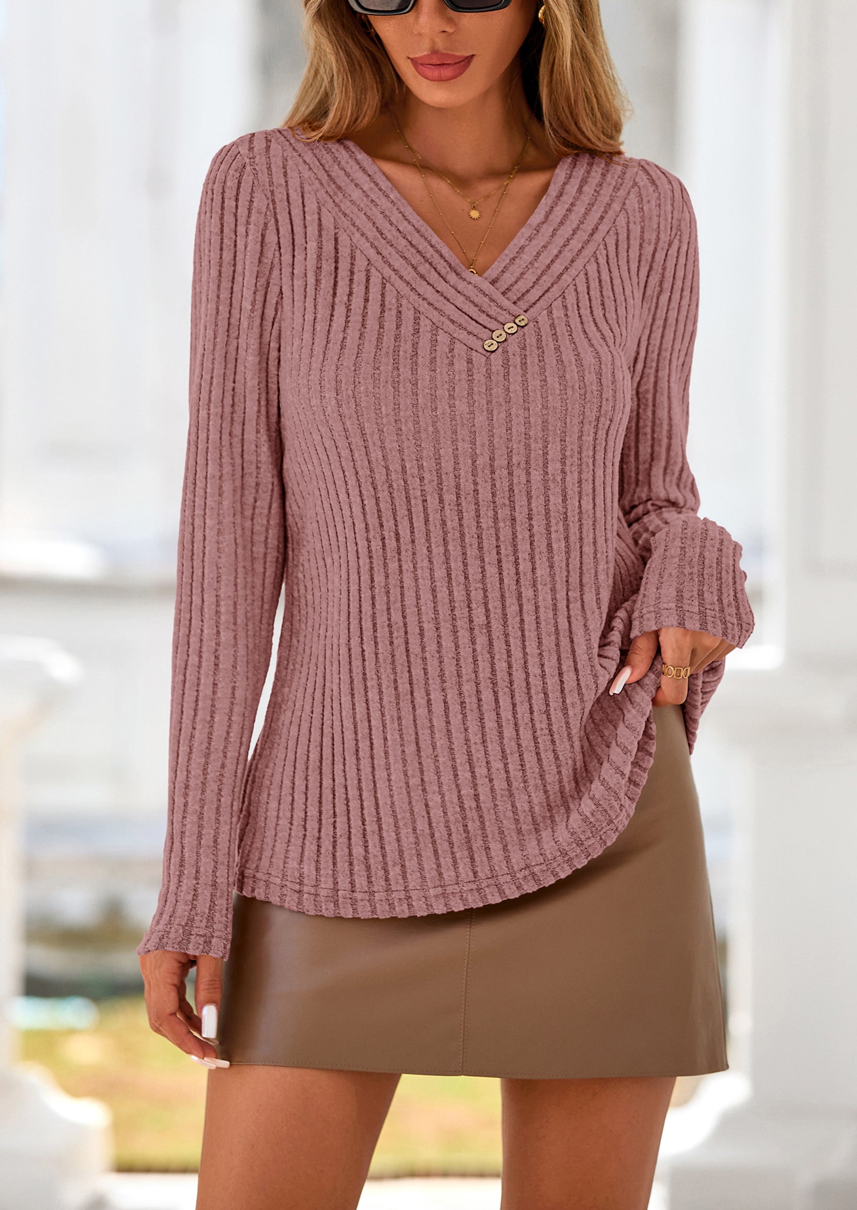 PRETTYGARDEN Women's Long Sleeve Shirts Fall Fashion Clothes Casual Ribbed V Neck Loose Tunic Tops Lightweight Sweaters