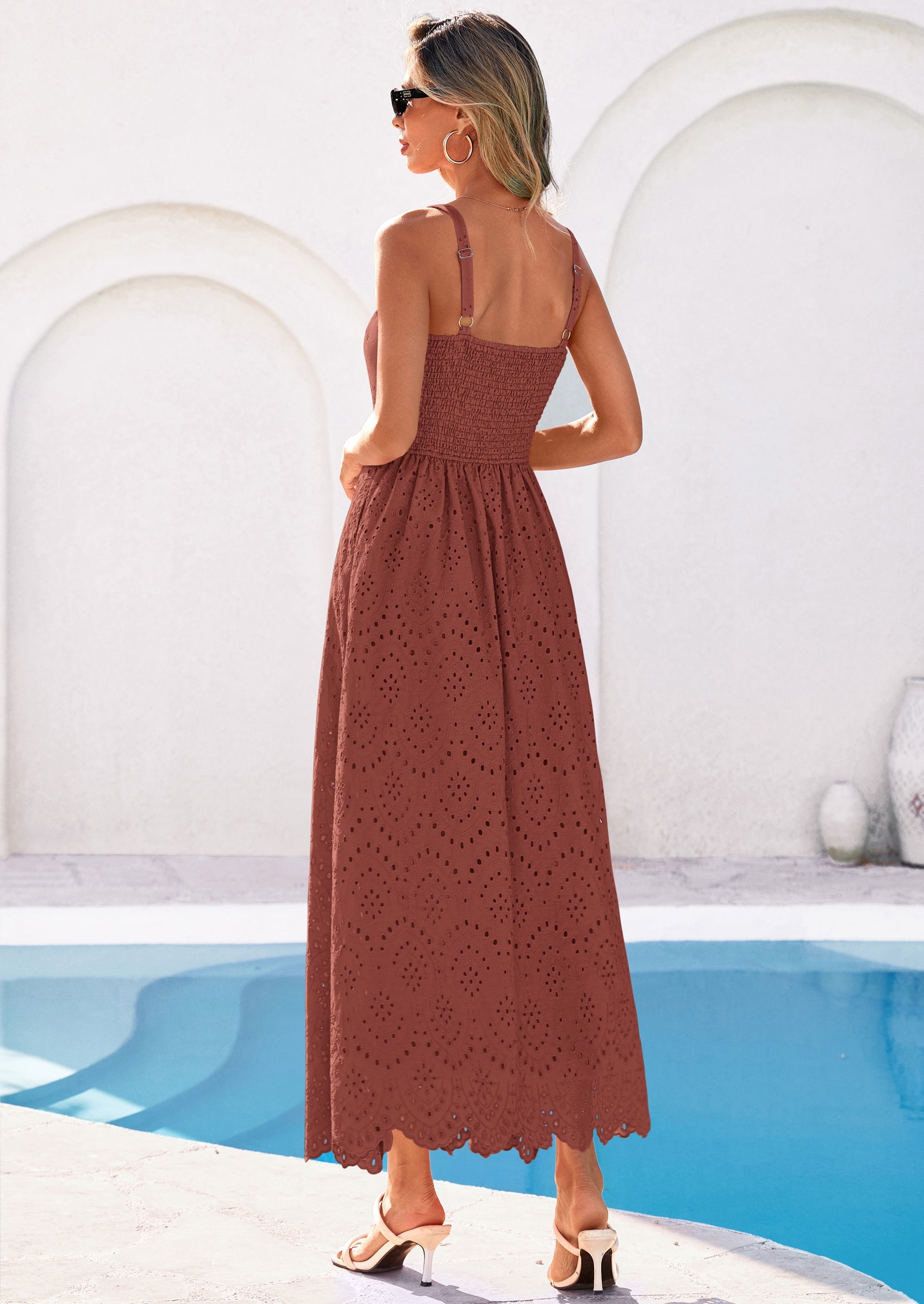 PRETTYGARDEN Womens Sleeveless Maxi Summer Dresses Hollow Out Eyelet Square Neck Ruffle Flowy Beach Vacation Sundress PRETTYGARDEN