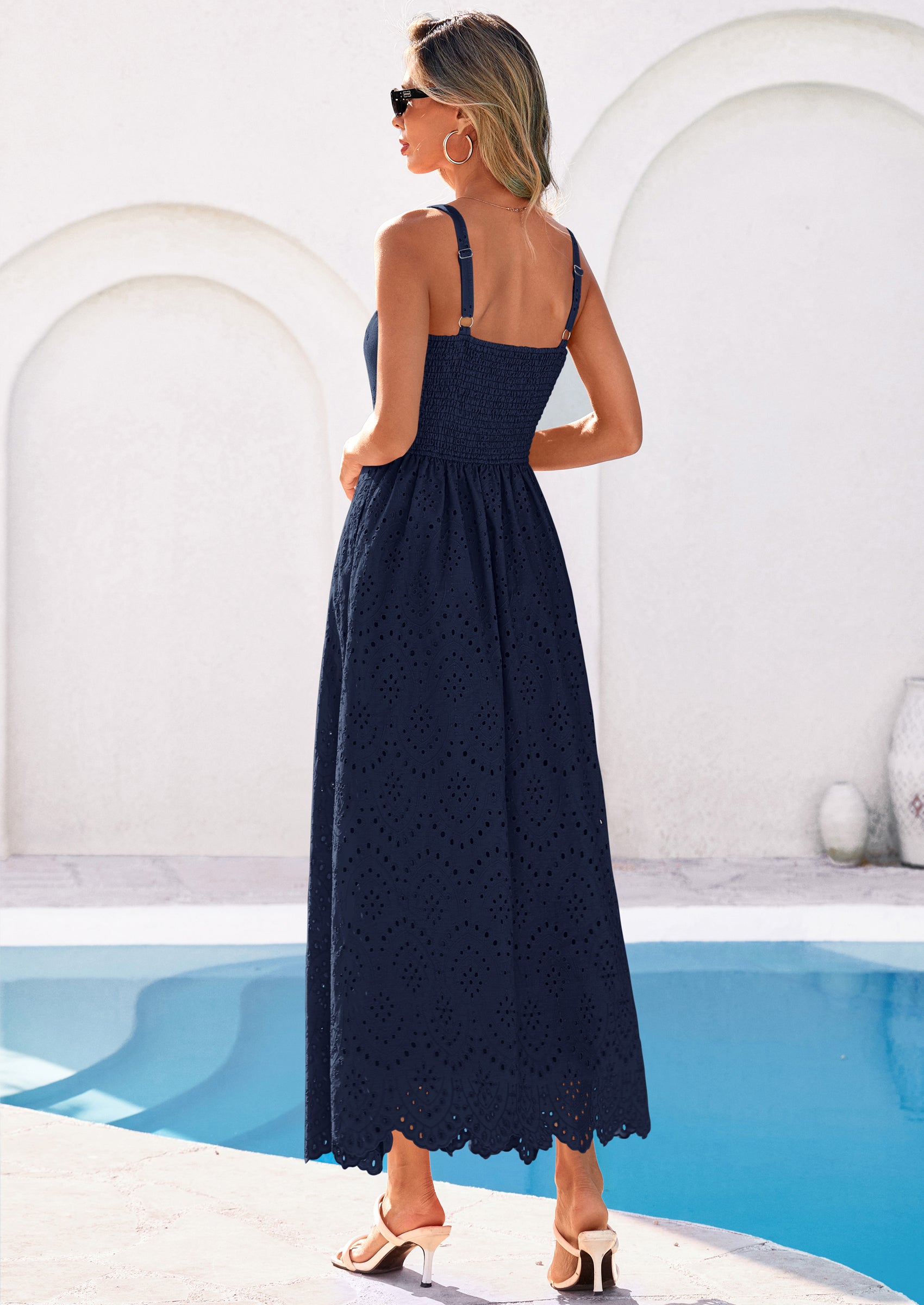 PRETTYGARDEN Womens Sleeveless Maxi Summer Dresses Hollow Out Eyelet Square Neck Ruffle Flowy Beach Vacation Sundress PRETTYGARDEN