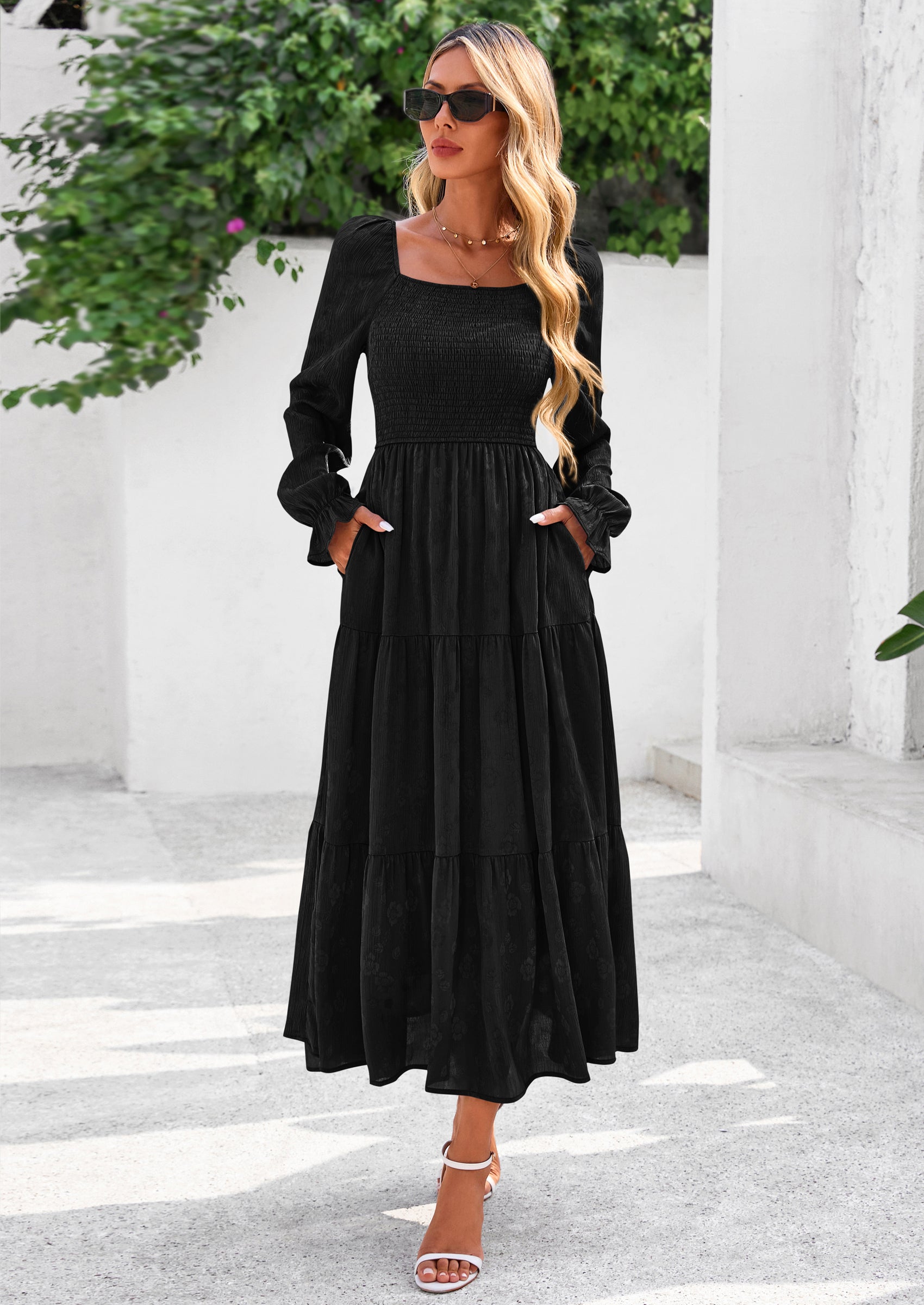 PRETTYGARDEN Fall Wedding Guest Dresses for Women Floral Long Sleeve Smocked Tiered Elegant Long Flowy Boho Dress
