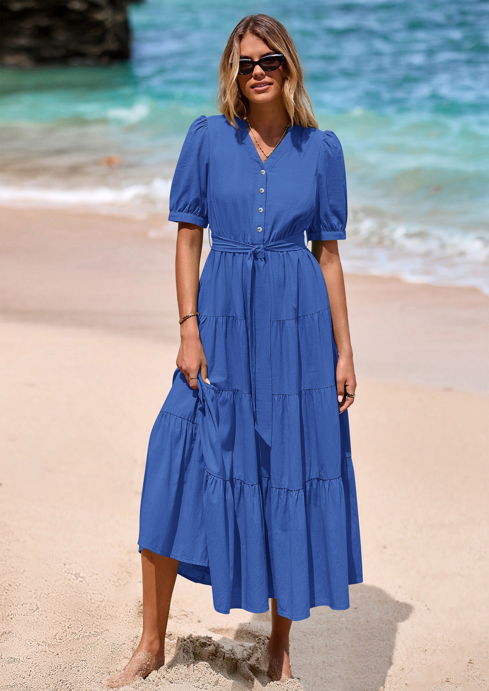 PRETTYGARDEN Women's Midi Dress Casual Short Sleeve V Neck Buttons Belted Ruffle A Line Flowy Dress with Pockets