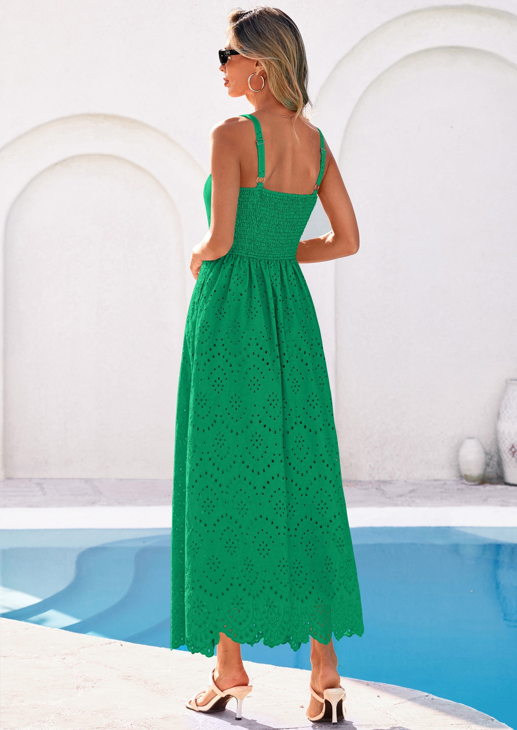 PRETTYGARDEN Womens Sleeveless Maxi Summer Dresses Hollow Out Eyelet Square Neck Ruffle Flowy Beach Vacation Sundress PRETTYGARDEN