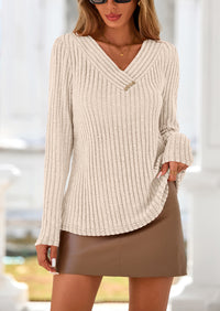 PRETTYGARDEN Women's Long Sleeve Shirts Fall Fashion Clothes Casual Ribbed V Neck Loose Tunic Tops Lightweight Sweaters