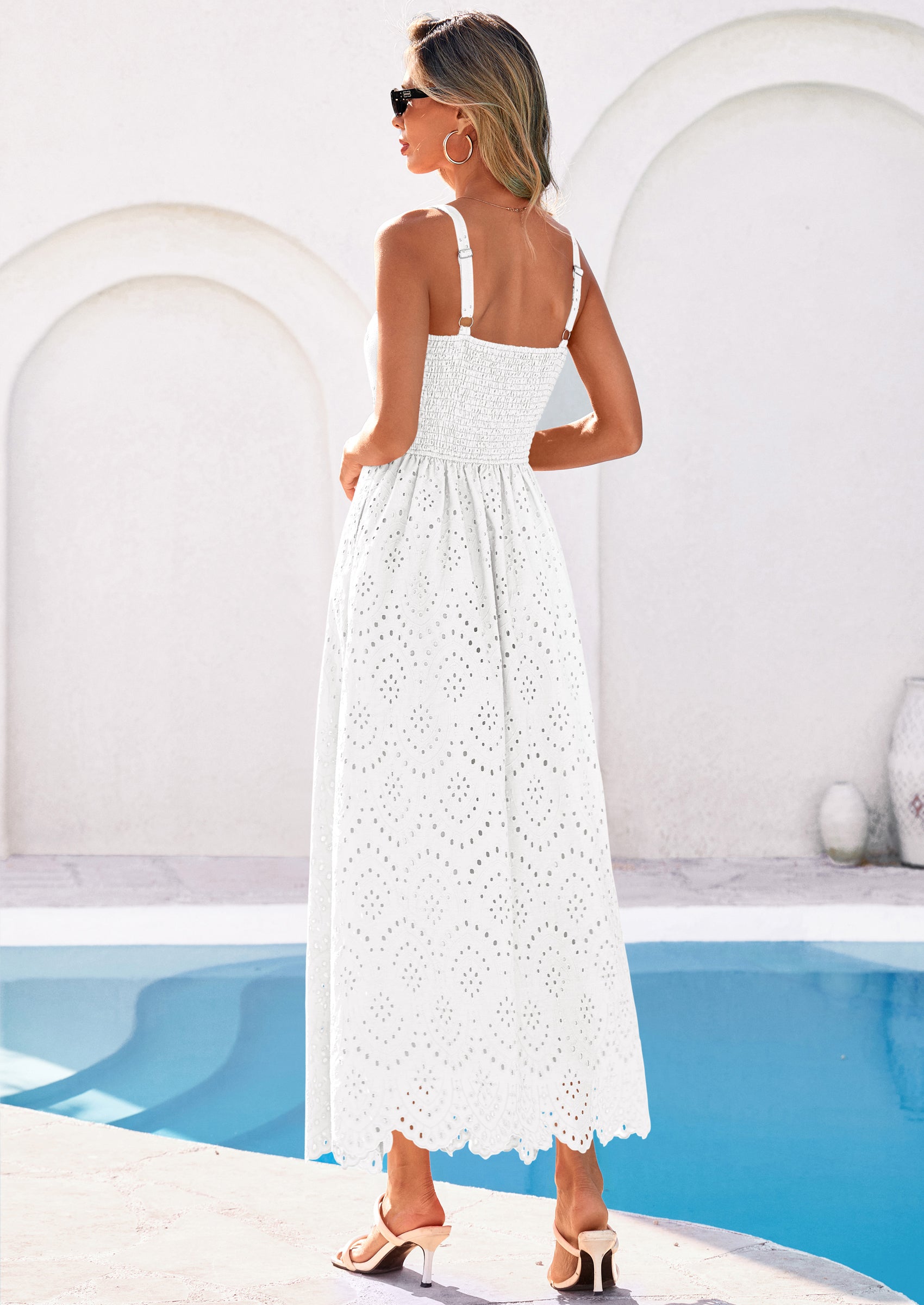 PRETTYGARDEN Womens Sleeveless Maxi Summer Dresses Hollow Out Eyelet Square Neck Ruffle Flowy Beach Vacation Sundress PRETTYGARDEN