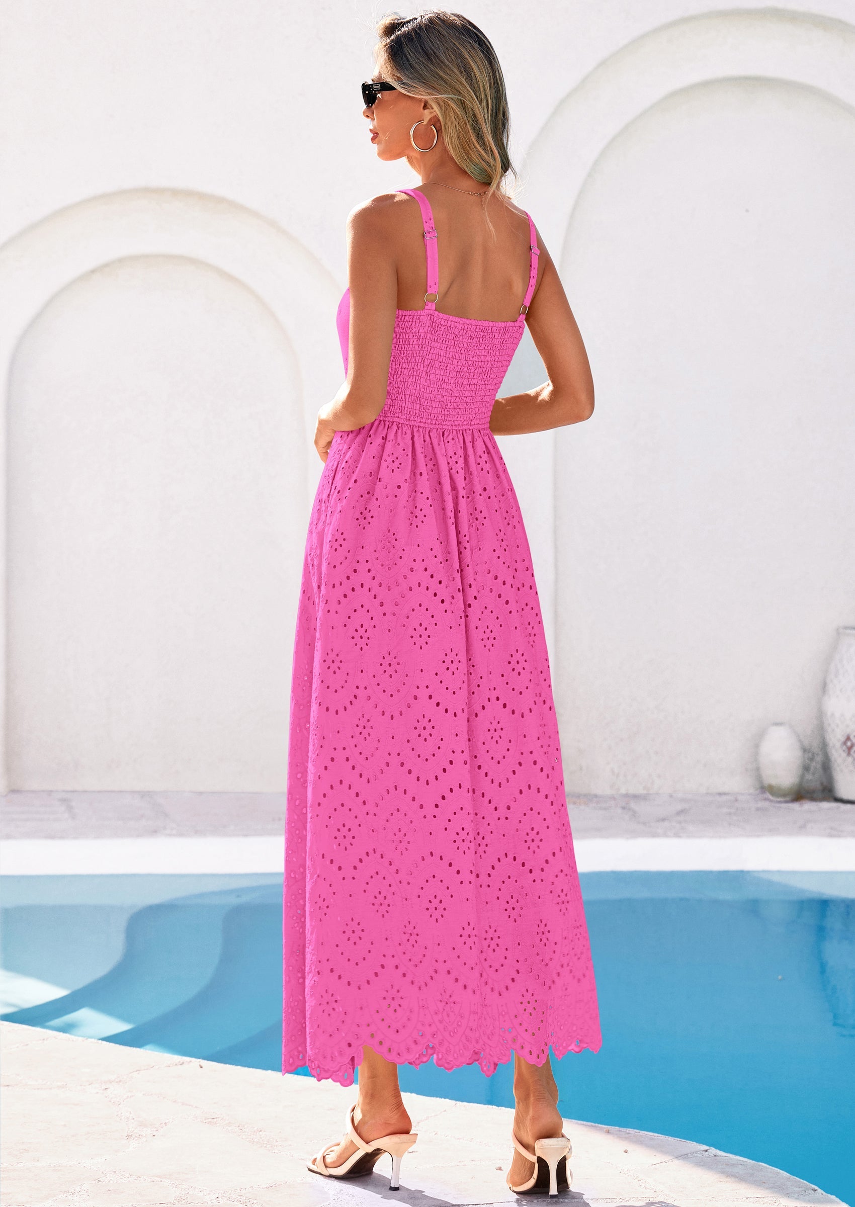 PRETTYGARDEN Womens Sleeveless Maxi Summer Dresses Hollow Out Eyelet Square Neck Ruffle Flowy Beach Vacation Sundress PRETTYGARDEN