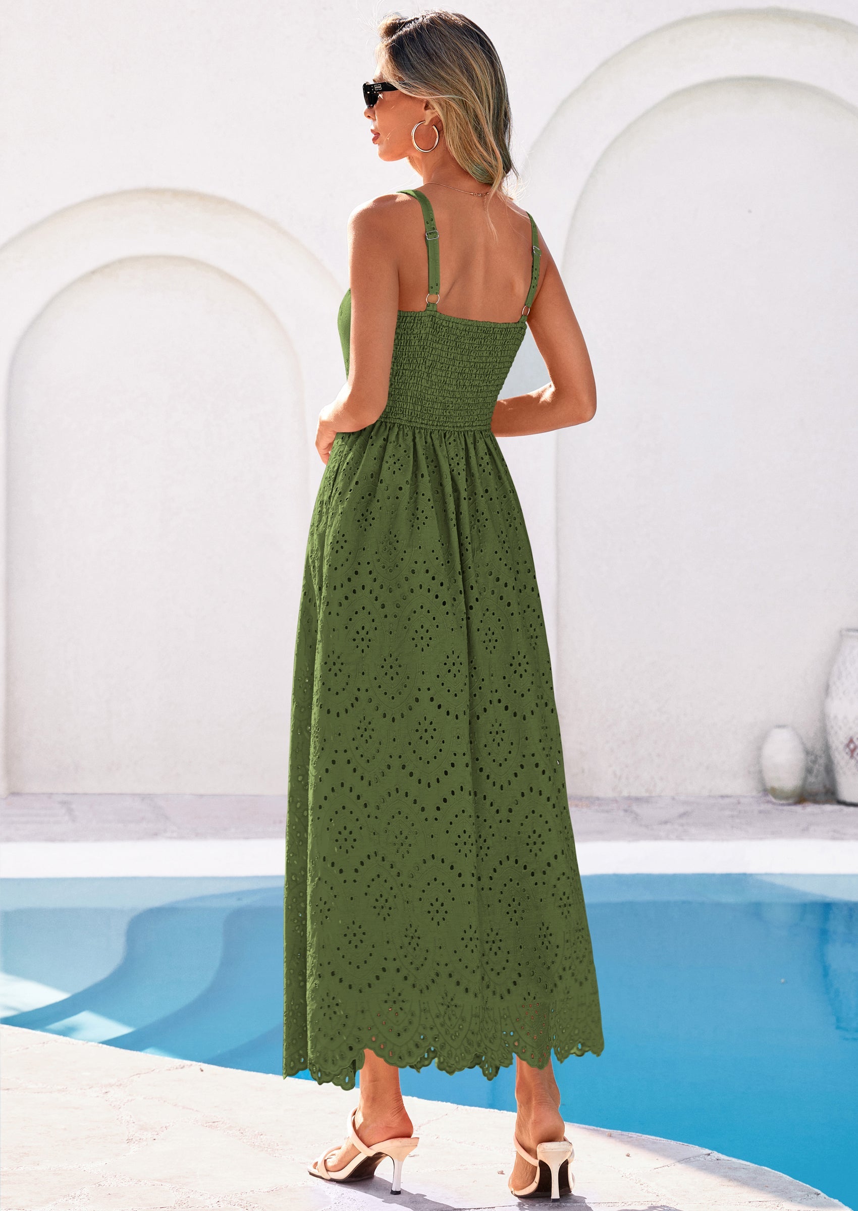 PRETTYGARDEN Womens Sleeveless Maxi Summer Dresses Hollow Out Eyelet Square Neck Ruffle Flowy Beach Vacation Sundress PRETTYGARDEN