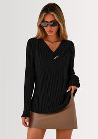 PRETTYGARDEN Women's Long Sleeve Shirts Fall Fashion Clothes Casual Ribbed V Neck Loose Tunic Tops Lightweight Sweaters
