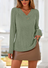 PRETTYGARDEN Women's Long Sleeve Shirts Fall Fashion Clothes Casual Ribbed V Neck Loose Tunic Tops Lightweight Sweaters