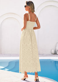 PRETTYGARDEN Womens Sleeveless Maxi Summer Dresses Hollow Out Eyelet Square Neck Ruffle Flowy Beach Vacation Sundress PRETTYGARDEN