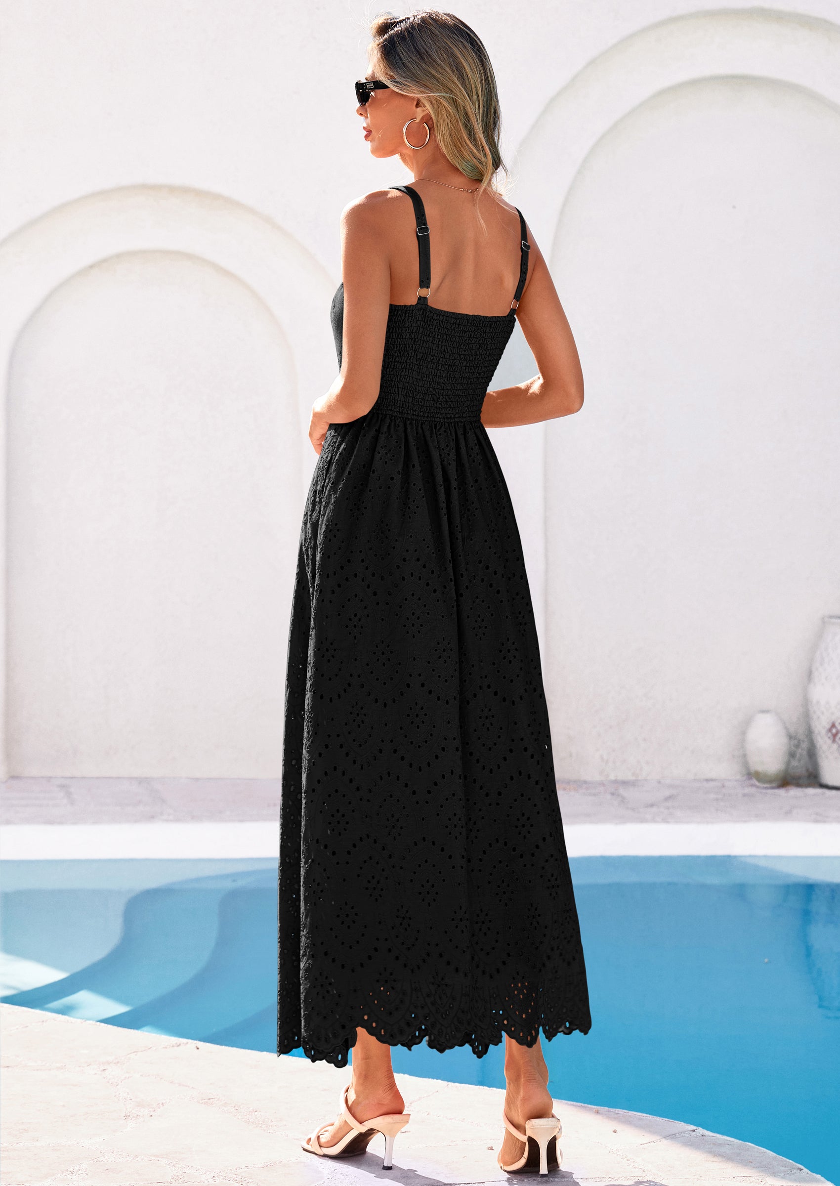 PRETTYGARDEN Womens Sleeveless Maxi Summer Dresses Hollow Out Eyelet Square Neck Ruffle Flowy Beach Vacation Sundress PRETTYGARDEN