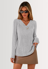 PRETTYGARDEN Women's Long Sleeve Shirts Fall Fashion Clothes Casual Ribbed V Neck Loose Tunic Tops Lightweight Sweaters