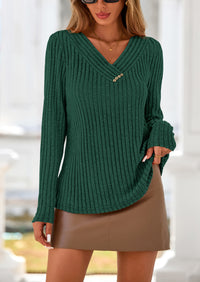 PRETTYGARDEN Women's Long Sleeve Shirts Fall Fashion Clothes Casual Ribbed V Neck Loose Tunic Tops Lightweight Sweaters
