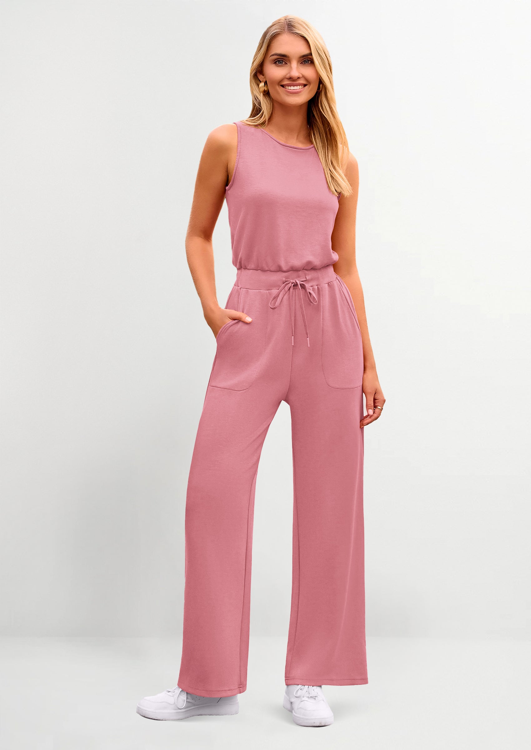 PRETTYGARDEN Womens Jumpsuits Summer Casual One Piece Outfits Sleeveless Wide Leg Long Pants Rompers