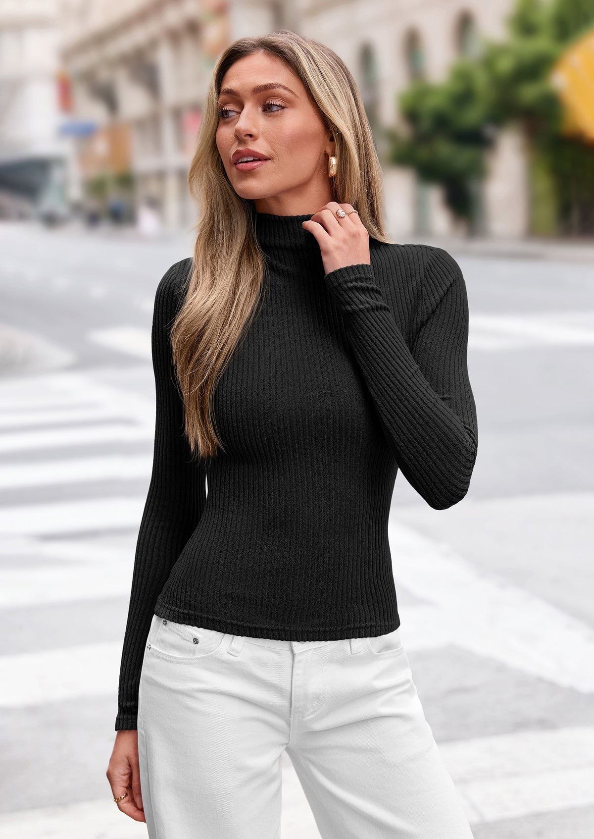 PRETTYGARDEN Long Sleeve T Shirts for Women Fall Fashion Mock Neck Fitted Ribbed Tee Tops Casual Basic Winter Clothing