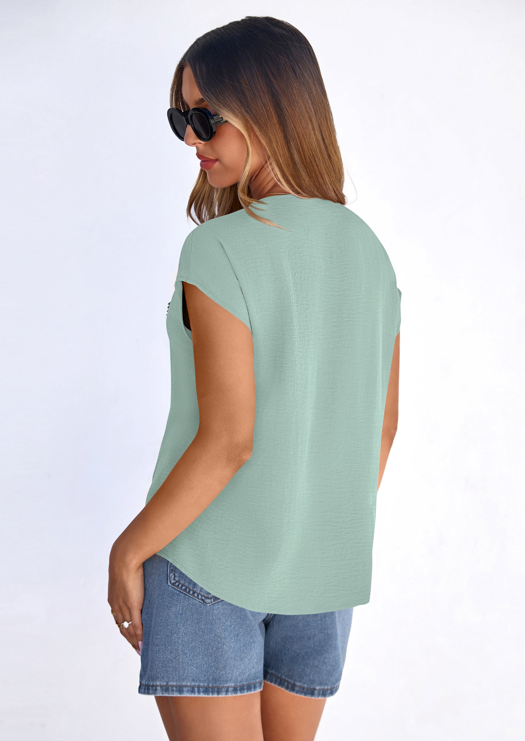 PRETTYGARDEN Spring Tops for Women Summer Fashion Clothes Dressy Casual Blouses Cap Sleeve V Neck Shirts Work Outfits PRETTYGARDEN