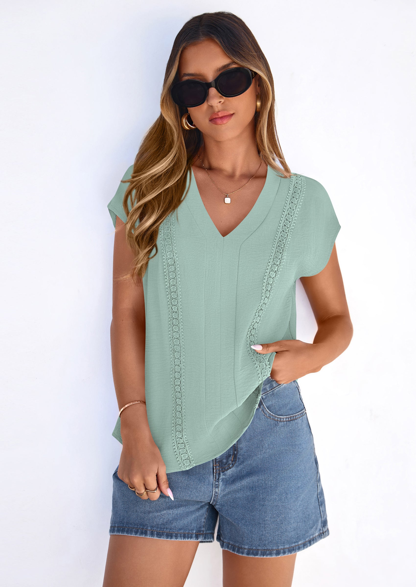 PRETTYGARDEN Spring Tops for Women Summer Fashion Clothes Dressy Casual Blouses Cap Sleeve V Neck Shirts Work Outfits PRETTYGARDEN