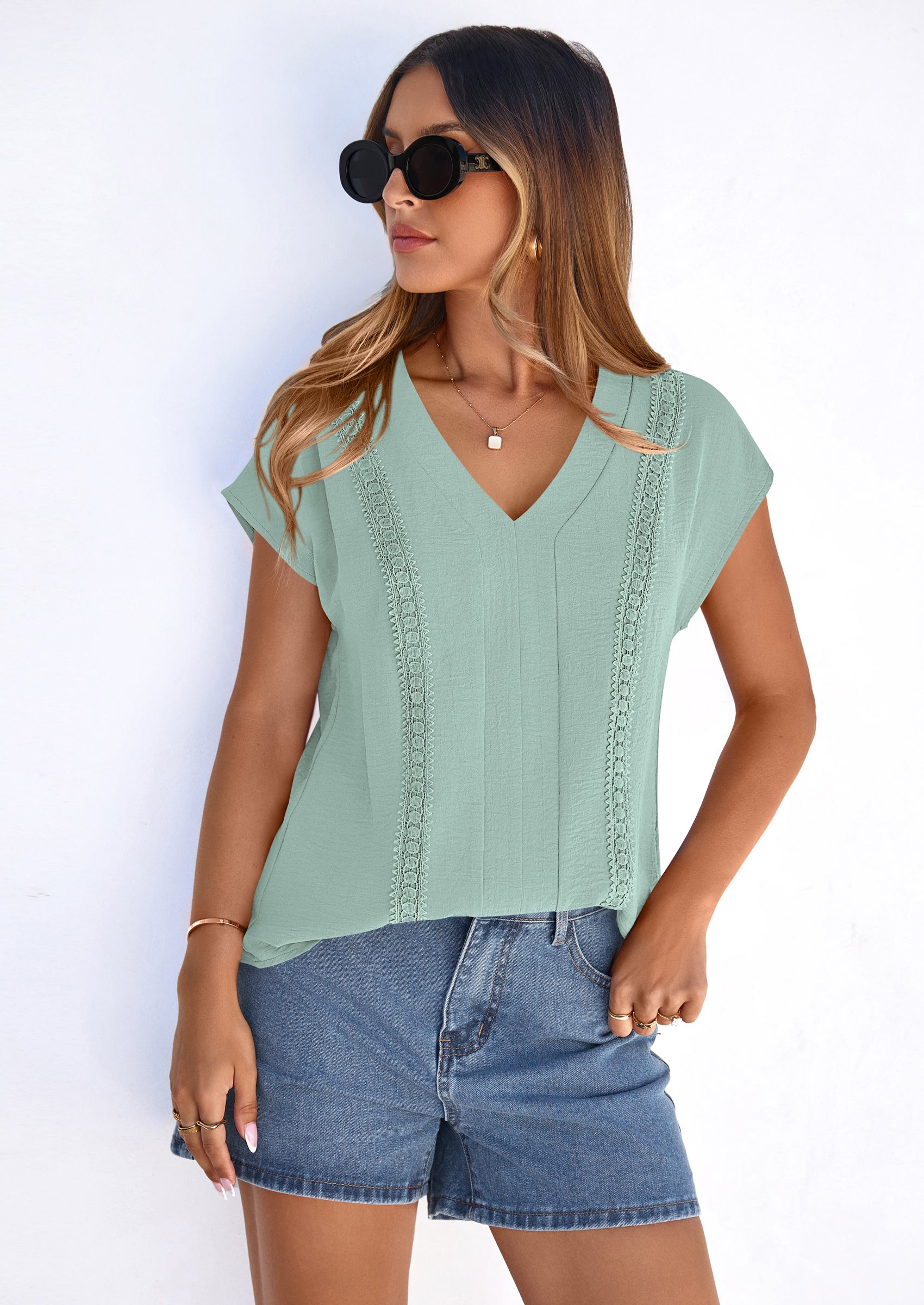 PRETTYGARDEN Spring Tops for Women Summer Fashion Clothes Dressy Casual Blouses Cap Sleeve V Neck Shirts Work Outfits PRETTYGARDEN