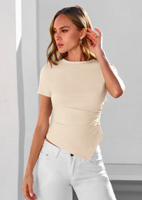 PRETTYGARDEN Womens Short Sleeve Crew Neck Trendy Shirts Spring Summer Y2K Going Out Tops Asymmetrical Ruched Blouse PRETTYGARDEN