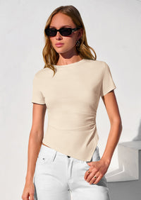PRETTYGARDEN Womens Short Sleeve Crew Neck Trendy Shirts Spring Summer Y2K Going Out Tops Asymmetrical Ruched Blouse PRETTYGARDEN