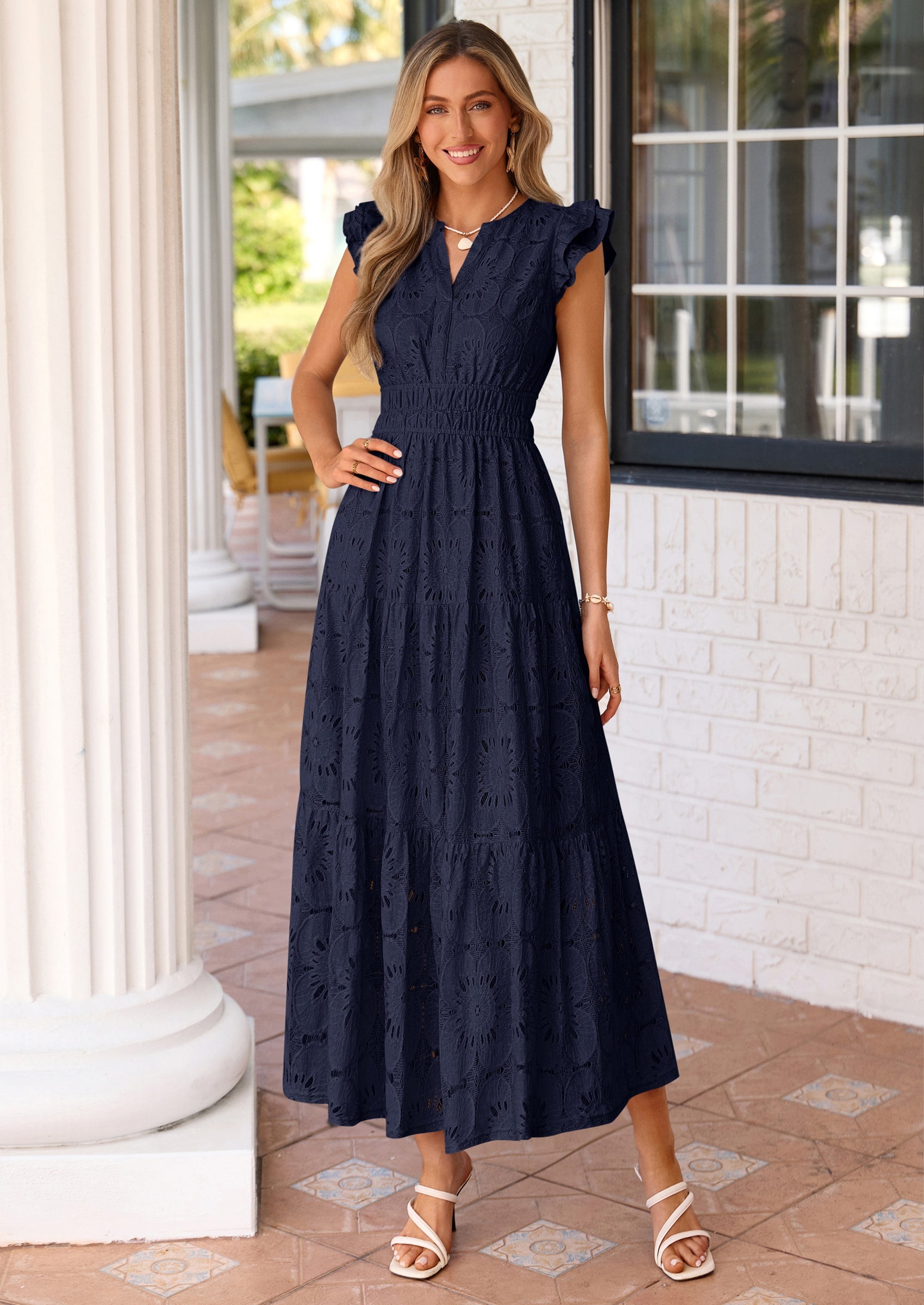 PRETTYGARDEN Womens Boho Maxi Dresses Summer Floral Lace Eyelet V Neck