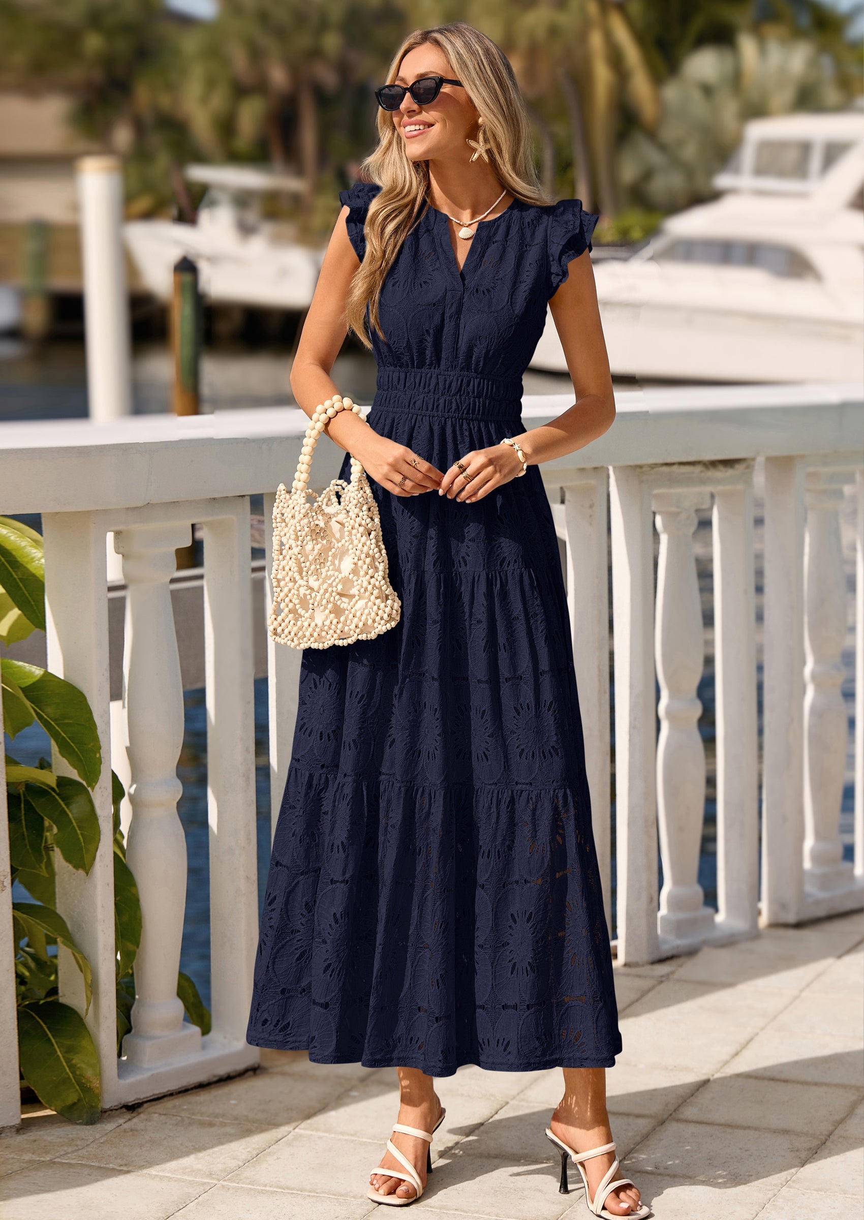 PRETTYGARDEN Womens Boho Maxi Dresses Summer Floral Lace Eyelet V Neck Spring Wedding Guest Dress Beach Vacation Clothes PRETTYGARDEN