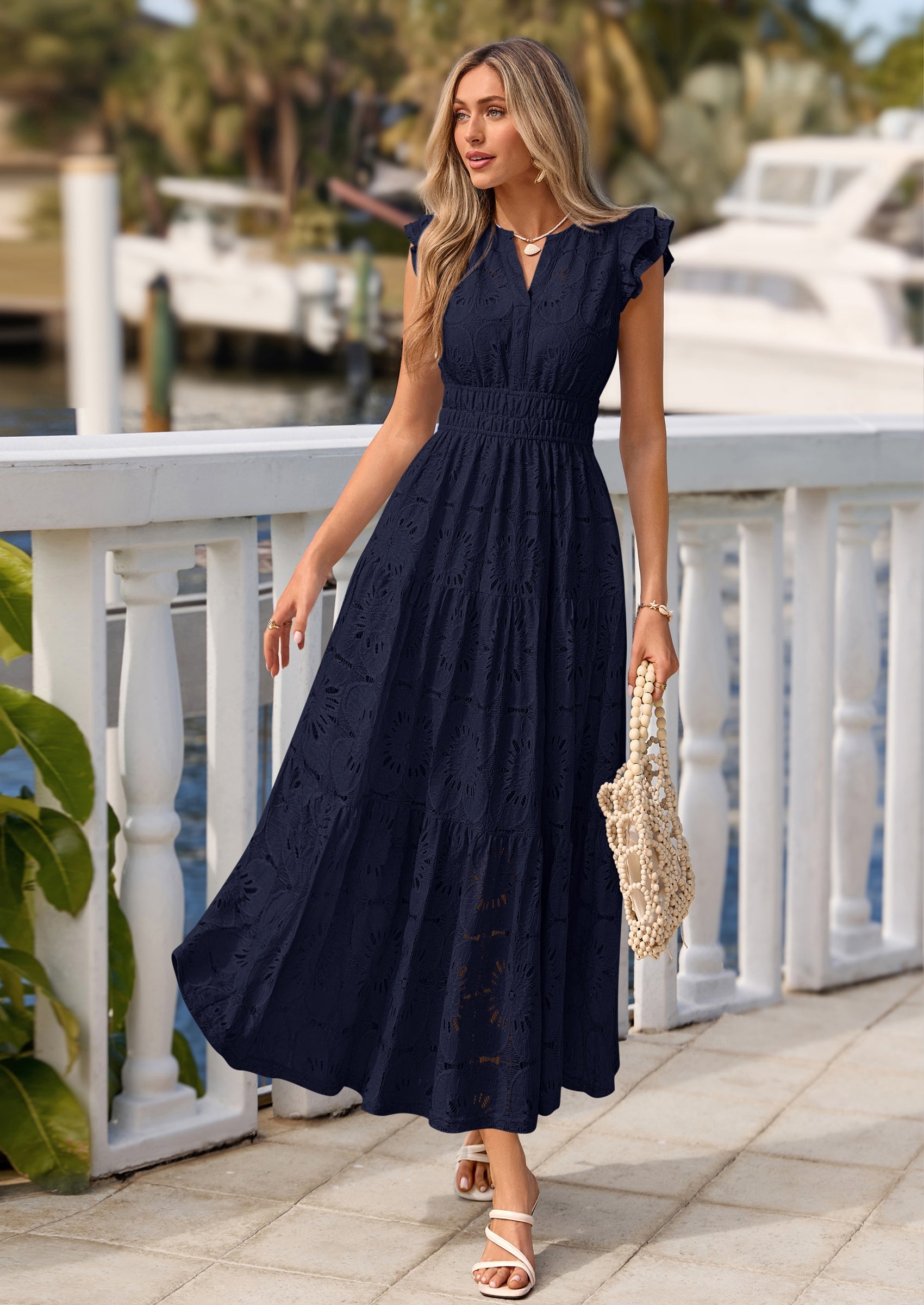 PRETTYGARDEN Womens Boho Maxi Dresses Summer Floral Lace Eyelet V Neck
