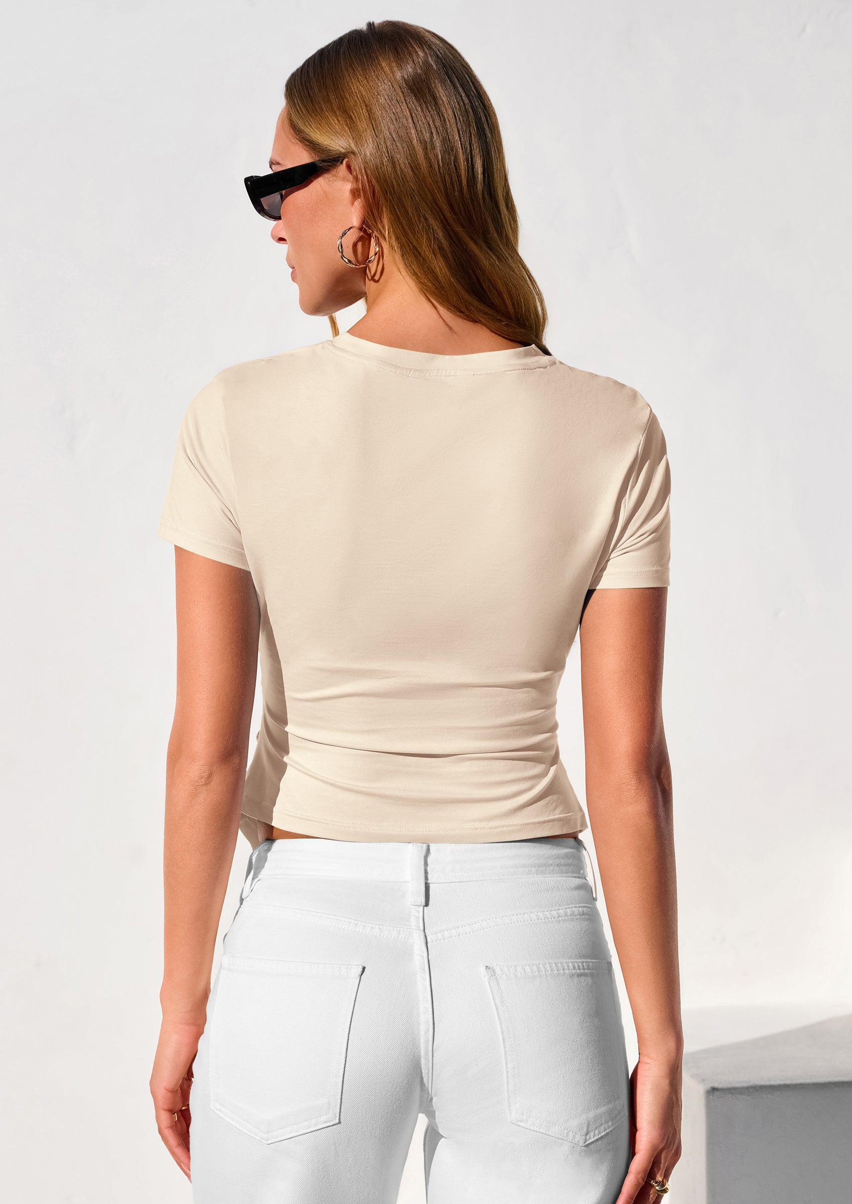 PRETTYGARDEN Womens Short Sleeve Crew Neck Trendy Shirts Spring Summer Y2K Going Out Tops Asymmetrical Ruched Blouse PRETTYGARDEN