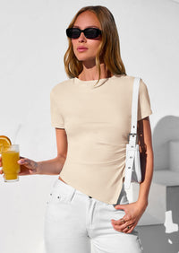 PRETTYGARDEN Womens Short Sleeve Crew Neck Trendy Shirts Spring Summer Y2K Going Out Tops Asymmetrical Ruched Blouse PRETTYGARDEN