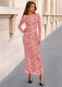 PRETTYGARDEN Women's Floral Bodycon Maxi Dress Fall Elegant Mesh Long Sleeve Formal Wedding Guest Cocktail Dresses