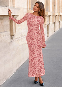 PRETTYGARDEN Women's Floral Bodycon Maxi Dress Fall Elegant Mesh Long Sleeve Formal Wedding Guest Cocktail Dresses