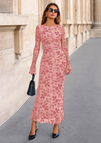 PRETTYGARDEN Women's Floral Bodycon Maxi Dress Fall Elegant Mesh Long Sleeve Formal Wedding Guest Cocktail Dresses