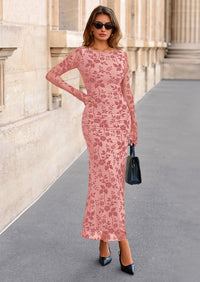 PRETTYGARDEN Women's Floral Bodycon Maxi Dress Fall Elegant Mesh Long Sleeve Formal Wedding Guest Cocktail Dresses