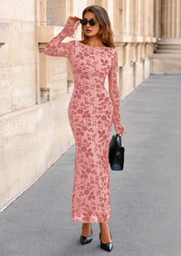 PRETTYGARDEN Women's Floral Bodycon Maxi Dress Fall Elegant Mesh Long Sleeve Formal Wedding Guest Cocktail Dresses