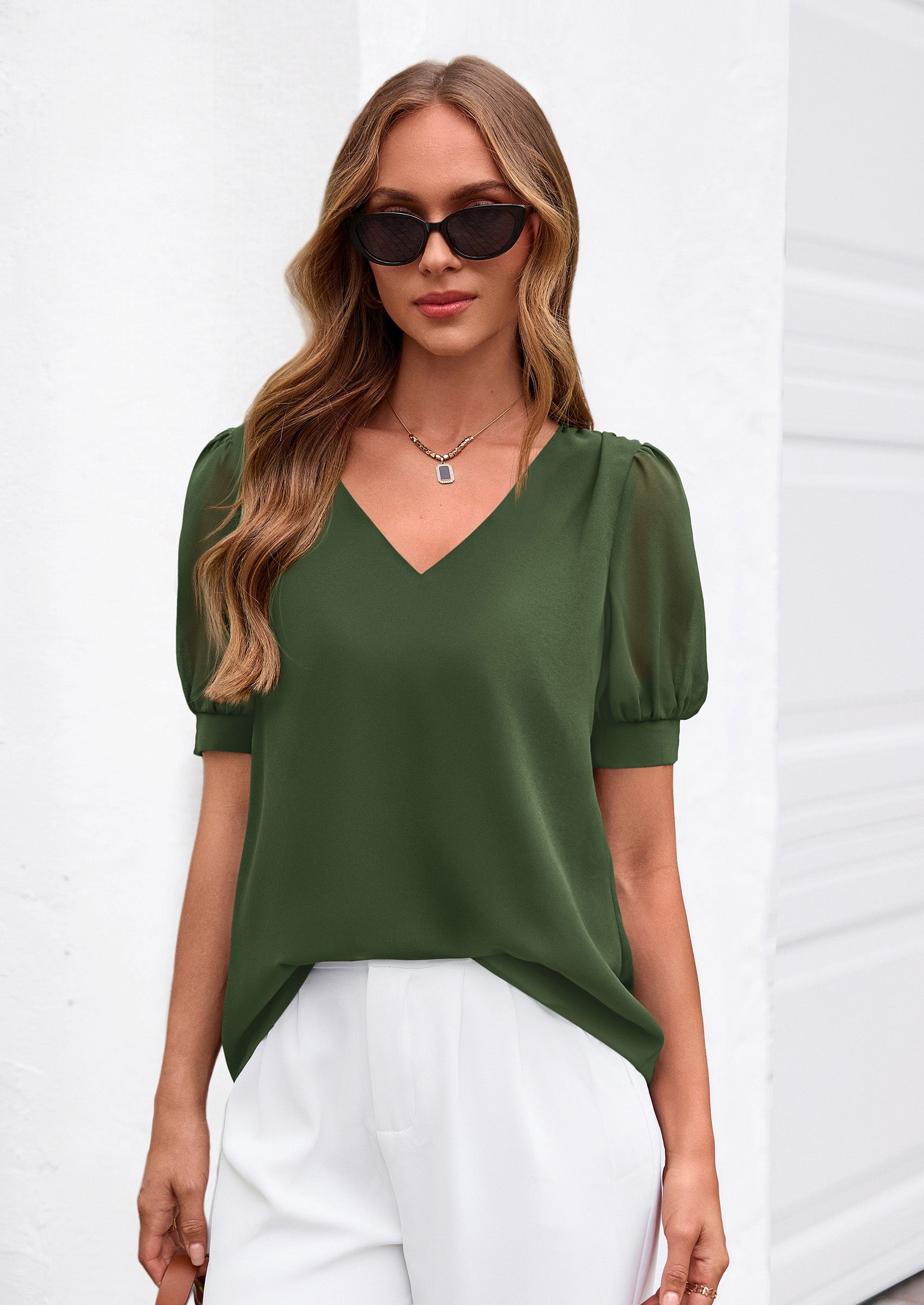 PRETTYGARDEN Womens Tops Dressy Casual Puff Sleeve Chiffon Blouses V Neck Business Work Shirts 2026 Summer Fashion Clothing