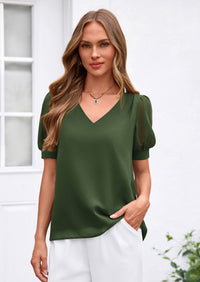 PRETTYGARDEN Womens Tops Dressy Casual Puff Sleeve Chiffon Blouses V Neck Business Work Shirts 2026 Summer Fashion Clothing