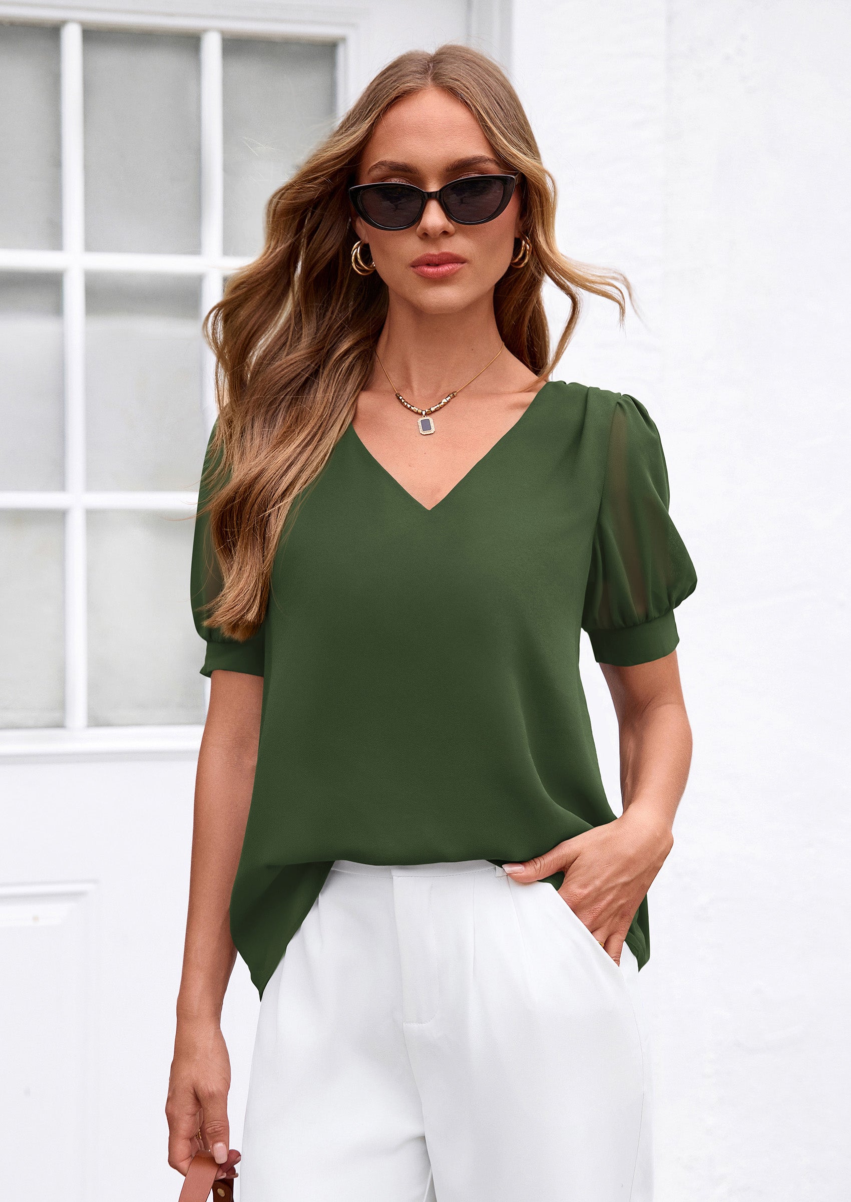 PRETTYGARDEN Womens Tops Dressy Casual Puff Sleeve Chiffon Blouses V Neck Business Work Shirts 2026 Summer Fashion Clothing