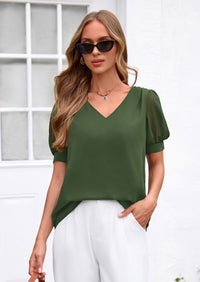 PRETTYGARDEN Womens Tops Dressy Casual Puff Sleeve Chiffon Blouses V Neck Business Work Shirts 2026 Summer Fashion Clothing