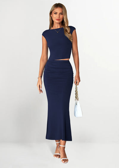 PRETTYGARDEN Summer 2 Piece Sets for Women Going Out Casual Cap Sleeve Crop Tops Ruched Maxi Long Skirts Spring Outfits