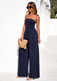 PRETTYGARDEN Womens Trendy Strapless Rompers Ruched Tube Top Wide Leg One Piece Jumpsuits Beach Vacation Summer Outfits PRETTYGARDEN