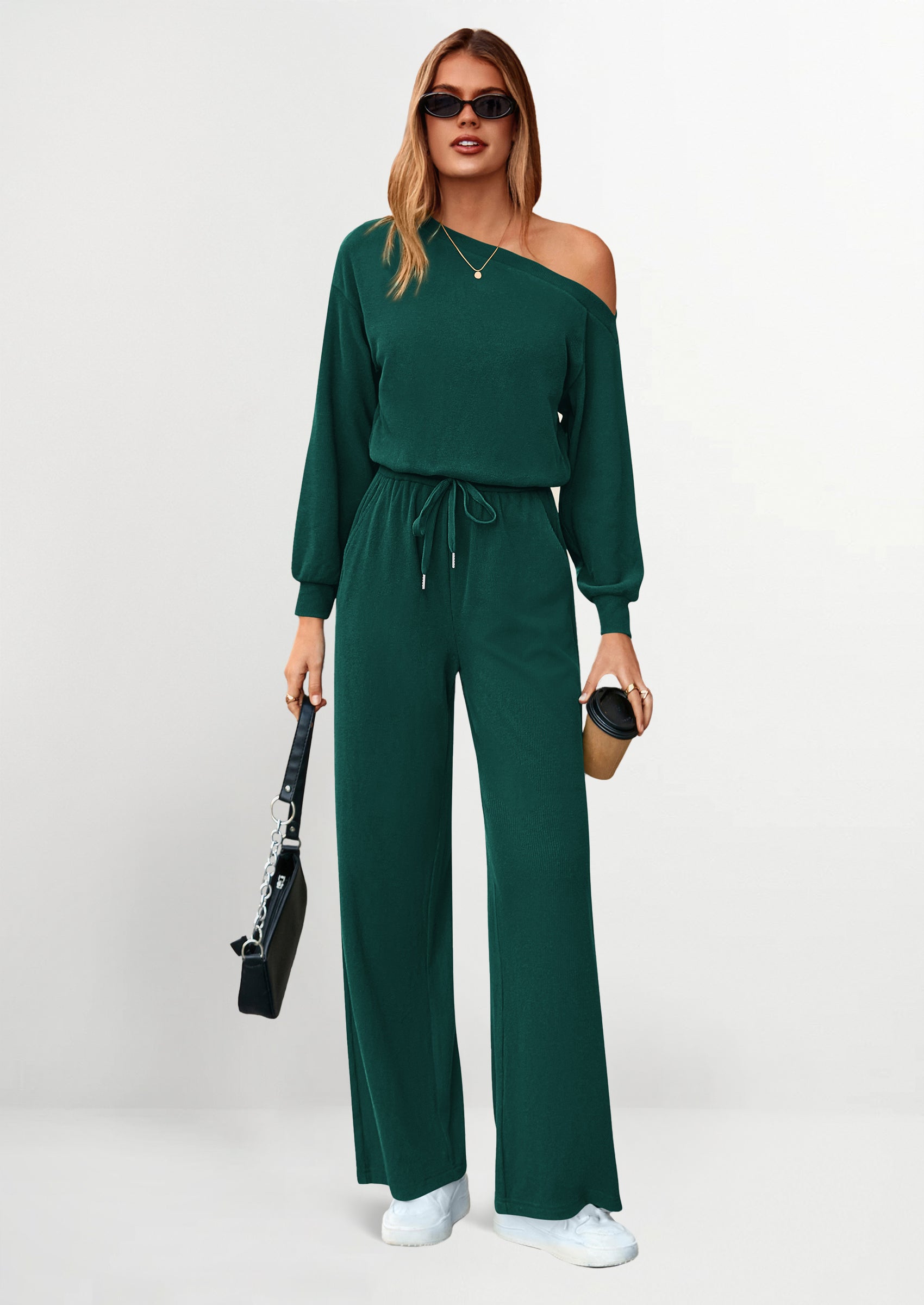 PRETTYGARDEN Long Sleeve Jumpsuit For Women Dressy Off Shoulder One Piece Loose Wide Leg Jumpsuits Casual Flowy Romper