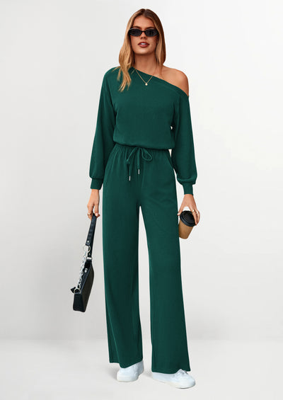 PRETTYGARDEN Long Sleeve Jumpsuit For Women Dressy Off Shoulder One Piece Loose Wide Leg Jumpsuits Casual Flowy Romper