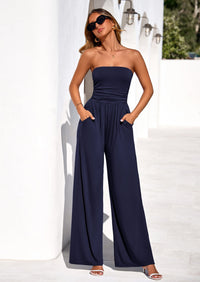 PRETTYGARDEN Womens Trendy Strapless Rompers Ruched Tube Top Wide Leg One Piece Jumpsuits Beach Vacation Summer Outfits PRETTYGARDEN